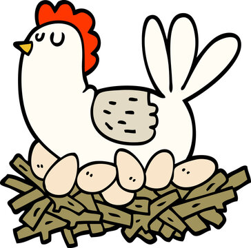 hand drawn doodle style cartoon chicken on nest of eggs