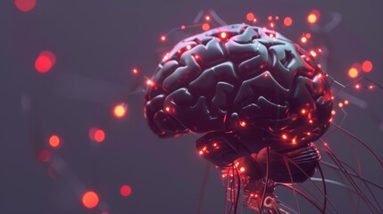 Illuminated Brain Model with Red Lights on a Dark Background Suggesting Advanced Technology and Intelligence