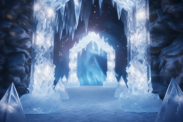 A crystalline ice gate with lanterns filled with fire hanging from its frame creating a magical pathway quirky character vivid mascot 3d rendercute
