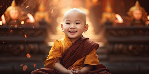 Portrait of smiling Buddhist monk baby sitting in lotus pose in temple - obrazy, fototapety, plakaty