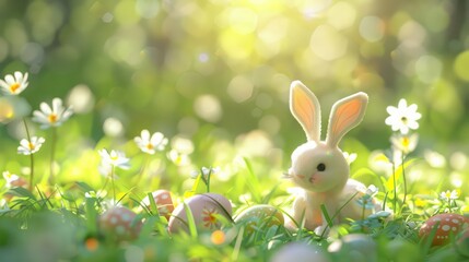 Fototapeta premium Easter bunny and easter eggs on green grass with flowers with copy text