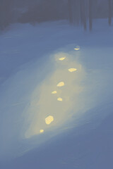 A flashlight illuminating footprints in the snow during a winter night search pastel robotic bokeh tarot card