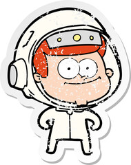 distressed sticker of a happy astronaut cartoon