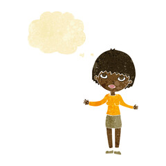 Obraz premium cartoon woman shrugging with thought bubble