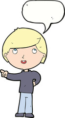 cartoon boy pointing with speech bubble