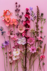 An array of various vibrant flowers neatly organized against a soft pink backdrop, presenting a fresh and soothing visual