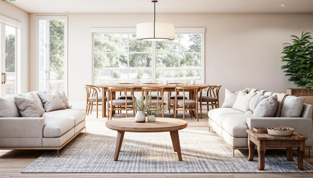 Large windows let in lots of natural light in this homey living and dining room featuring two sofas, a coffee table, a dining table with chairs, a rug, and a plant in the corner.