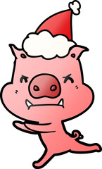 angry gradient cartoon of a pig wearing santa hat