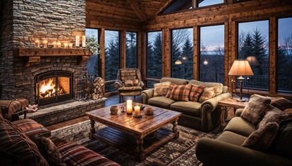 Interior of a log house with fireplace and armchair