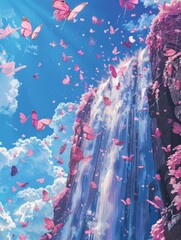 A whimsical depiction of pink butterflies fluttering around a cascading waterfall amidst flowering trees under a blue sky