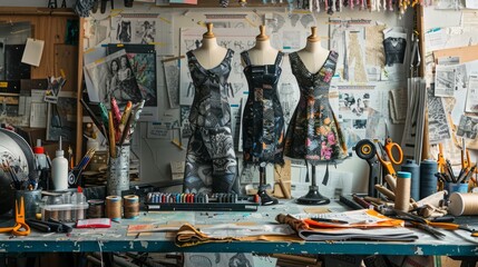 studio scene with mannequins, fabrics, scissors, and thread workshop fashion design in progress