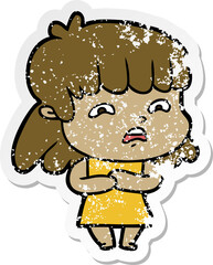 distressed sticker of a cartoon worried woman