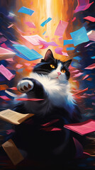 An enchanted cat sorcerer casting spells with a flick of its tail surrounded by floating books and magical orbs pastel robotic bokeh tarot card - obrazy, fototapety, plakaty