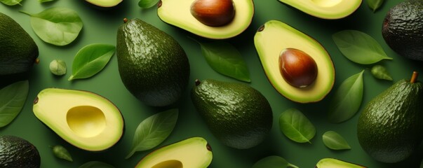 Fresh ripe bio avocados from farm on pastel background,  food bannner. Generative Ai. - obrazy, fototapety, plakaty