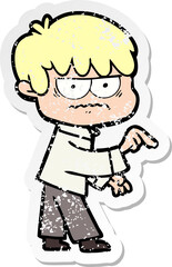 distressed sticker of a annoyed cartoon boy