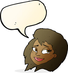 cartoon happy female face with speech bubble