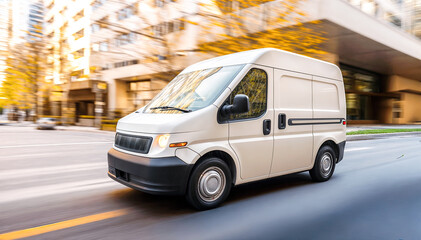 Fototapeta premium White cargo van driving fast on the city street with blurred background