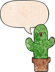 cartoon cactus and speech bubble in retro texture style