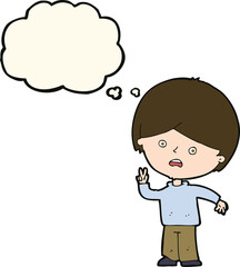 cartoon unhappy boy giving peace sign with thought bubble