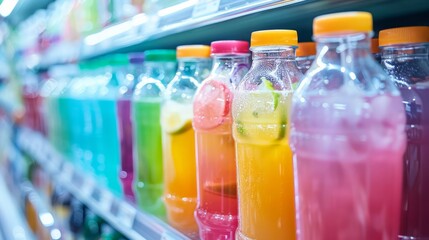 Fresh colorful drinks in the supermarket fridge