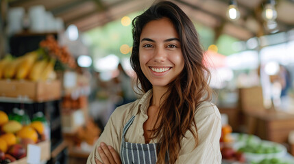 Smiling Young Woman Farm Produce Vendor at a Local Farmer's Market
