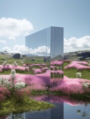 A crystal-clear glass structure reflects the vibrant hues of a scenic meadow dotted with pink flowers and lush greenery, inspiring tranquility