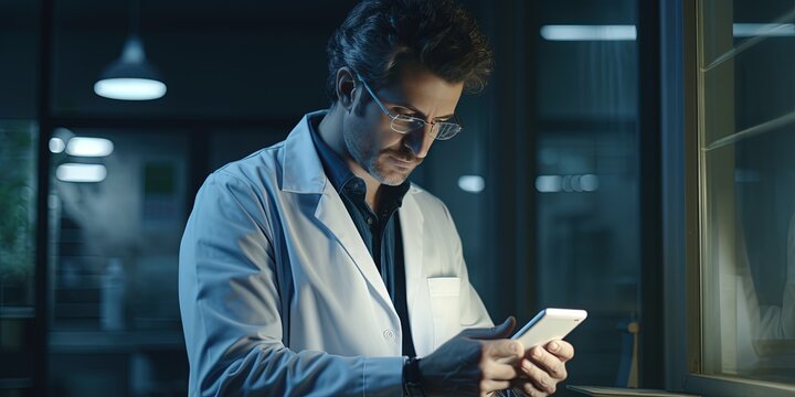 A medical doctor physician, or pharmaceutical lab worker viewing information on tablet or smartphone.