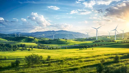 Foto op Canvas Wind turbines on the green grassland in the mountains at sunset. © Graphic Dude