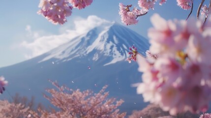 big mountain and cherry blossoms in spring, Japanese style landscape