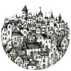 Obraz premium Hand drawn of cozy city, black graphic line design