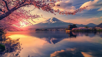 big mountain and cherry blossoms in spring, Japanese style landscape