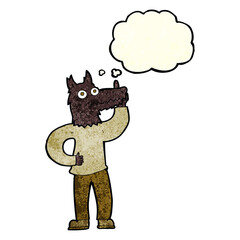 cartoon werewolf with idea with thought bubble