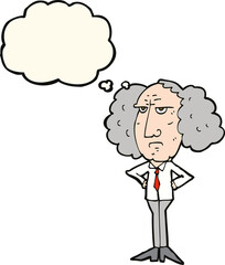 cartoon big hair lecturer man with thought bubble