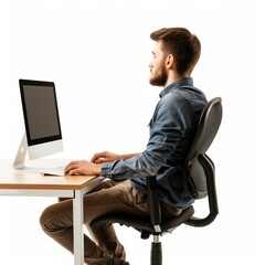 Graphic designer sitting in front of computer, side view, isolated on white photo