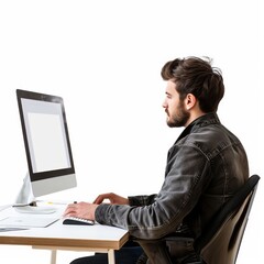 Graphic designer sitting in front of computer, side view, isolated on white photo
