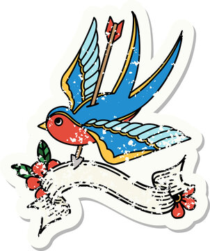grunge sticker with banner of a swallow pieced by arrow