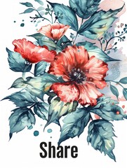 Delicately painted red flowers with splattered ink effect encasing the word Share symbolizes generosity