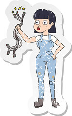 retro distressed sticker of a cartoon female electrician