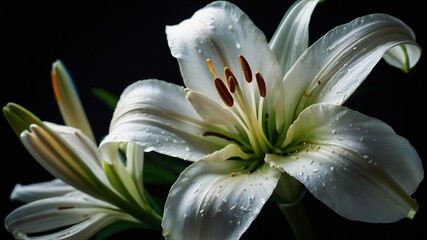 White Lily Close-Up Shots Capturing Beauty with Dewdrops and Gorgeous Blur Background