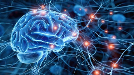 close-up brain  with neural pathways and neurons firing Banner with copy space