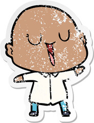distressed sticker of a happy cartoon bald man