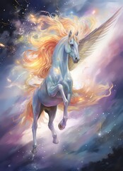 Obraz na płótnie Canvas unicorn horse flying high in the sky with glittering wings fantasy landscape