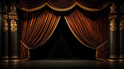 Theater stage with black gold velvet curtains
