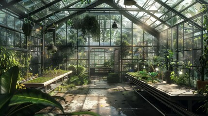 inside of a greenhouse garden plants sun rays reflection 