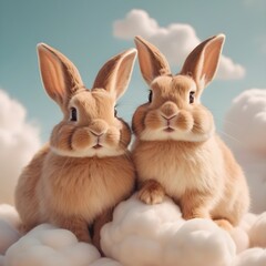 Obraz premium two cute rabbits sitting together on pastel fluffy clouds