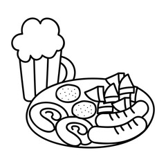 Jumbo Hot Dog Curd Cheese Plate outline concept, Oktoberfest Sausage Platter vector design, Fast Food hand draw symbol, Junk food sign, english american cuisine stock illustration 