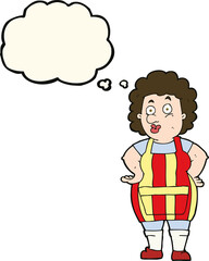 cartoon woman in kitchen apron with thought bubble