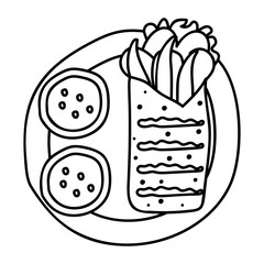 Tantuni Turkish lamb wrap with pair of sauces outline concept, Egyptian spiced fish Roll vector design, Fast Food hand draw symbol, Junk food sign, english american cuisine stock illustration 