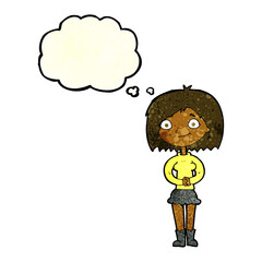 cartoon happy woman with thought bubble