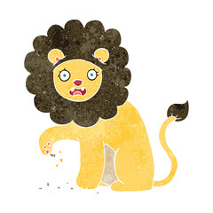 retro cartoon lion with thorn in foot